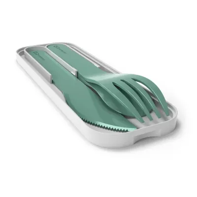 Дорожные столовые приборы Monbento Pocket Color Green Forest: ложка, нож, вилка в футляре, биопластик, зелёно-серые