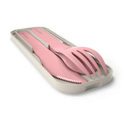 Дорожные столовые приборы Monbento Pocket Color Pink Blush: ложка, нож, вилка в футляре, биопластик, розово-серые