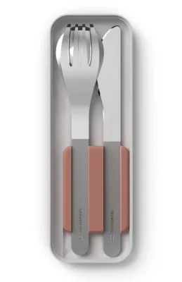 Дорожный набор столовых приборов Monbento Slim Box Pink Moka, ложка, вилка, нож в футляре, серебристый с розово-коричневым