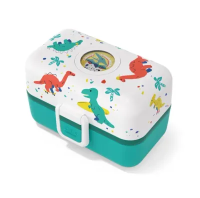 Ланч-бокс детский Monbento Tresor Graphic Dino 0,8 л, с динозаврами, бело-бирюзовый