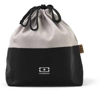 Сумка для ланч-бокса Monbento Pochette L Black Onyx, переработанные полиэстер и хлопок, на завязках, чёрная с кремовым