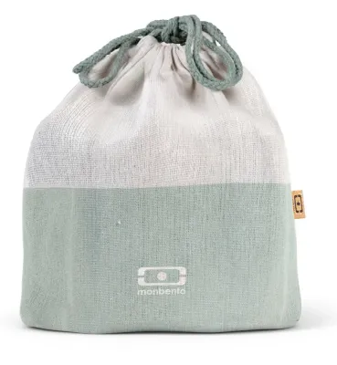 Сумка для ланч-бокса Monbento Pochette L Natural Green, переработанный полиэстер и хлопок, на завязках, зелёная с кремовым