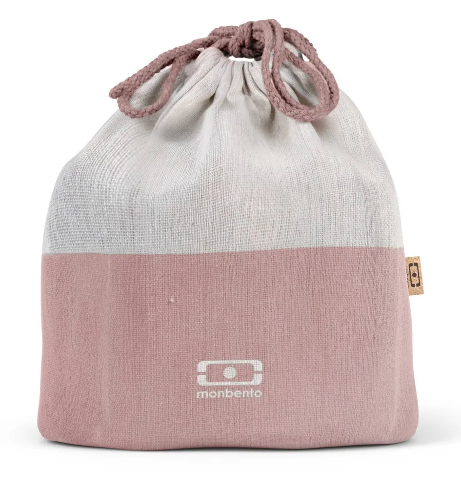 Сумка для ланч-бокса Monbento Pochette L Natural Flamingo, вторичные полиэстер и хлопок, на шнурках, розовая с кремовым