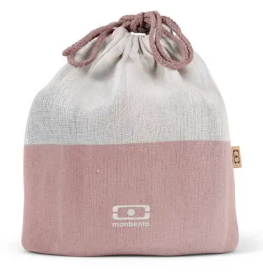 Сумка для ланч-бокса Monbento Pochette L Natural Flamingo, вторичные полиэстер и хлопок, на шнурках, розовая с кремовым