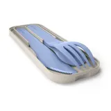 Дорожные столовые приборы Monbento Pocket Color Blue Infinity: ложка, нож, вилка в футляре, биопластик, сине-серые — фото 1