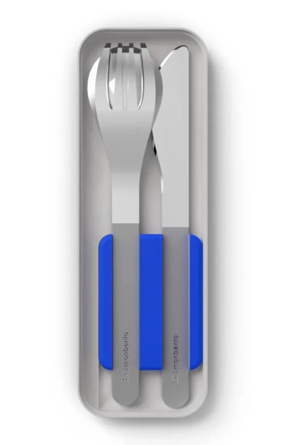 Дорожные столовые приборы Monbento Slim Box Blue в футляре: ложка, вилка, нож, нержавеющая сталь, серебристо-синие