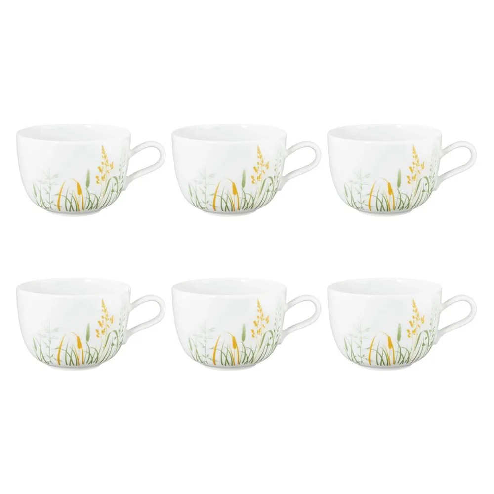 Чашки кофейные фарфоровые Seltmann Weiden Meadow Grasses Green 380 мл, набор 6 шт, белые с узором из полевых цветов