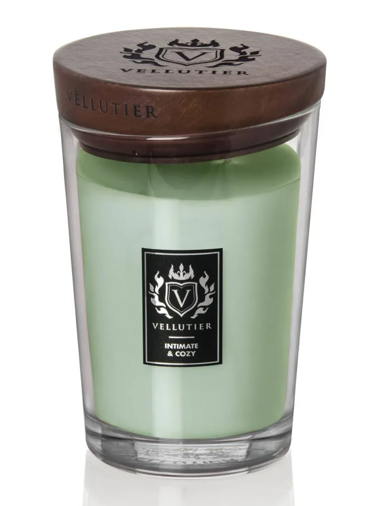 Большая ароматическая свеча Vellutier Intimate&Cozy в стекле, 100 часов горения, зелёная