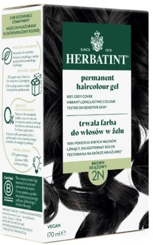 Стойкая краска для волос Herbatint, закрашивает седину, оттенок 2N, 170 мл