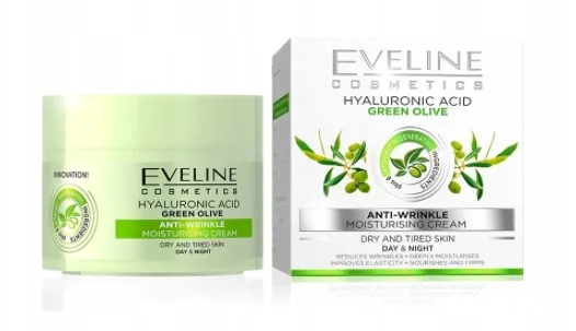 Крем для лица Eveline Cosmetics с гиалуроновой кислотой и зелёной оливой, против морщин, для сухой кожи, 50 мл