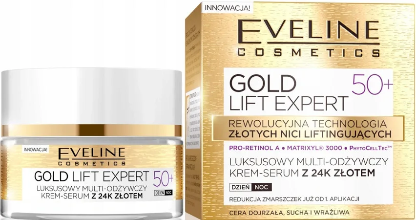Крем-сыворотка для лица Eveline Gold Lift Expert 50+ с золотом 24К, мультипитательный, для зрелой кожи, 50 мл