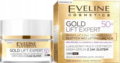 Крем-сыворотка для лица Eveline Gold Lift Expert 50+ с золотом 24К, мультипитательный, для зрелой кожи, 50 мл