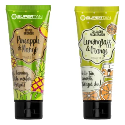 Набор для солярия SuperTan, ускоритель загара Lemongrass & Orange 150 мл и бронзер Pineapple & Mango 150 мл