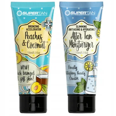 Набор для загара SuperTan Peaches & Coconut, бронзер с ускорителем 150 мл и бальзам после загара 150 мл