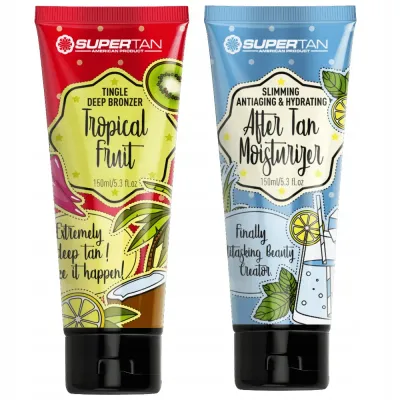 Набор для загара SuperTan Tropical Fruit, бронзер с эффектом покалывания 150 мл и бальзам после загара 150 мл