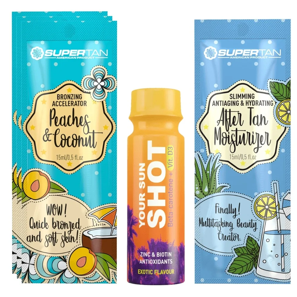 Бронзер с ускорителем загара SuperTan Peaches & Coconut, 3 саше по 15 мл, с подарками