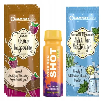 Бронзер для солярия SuperTan Choco Raspberry, интенсивный, 3 саше по 15 мл, с подарками