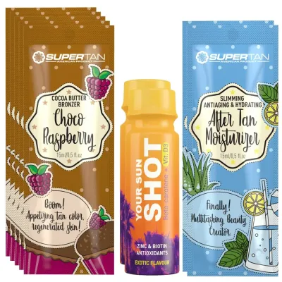 Бронзер для солярия SuperTan Choco Raspberry, интенсивный, 5 саше по 15 мл, с подарками