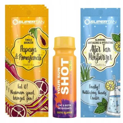 Бронзер для солярия SuperTan Papaya & Pomegranate, с эффектом покалывания, 3 саше по 15 мл, с подарками