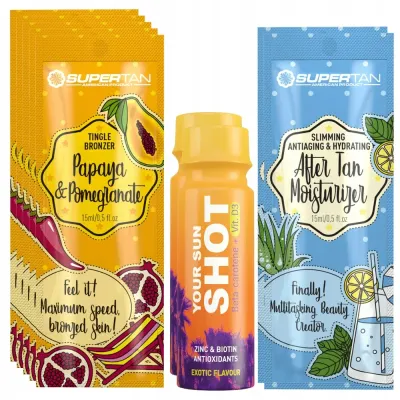 Бронзер для солярия SuperTan Papaya & Pomegranate, с эффектом покалывания, 5 саше по 15 мл, с подарками