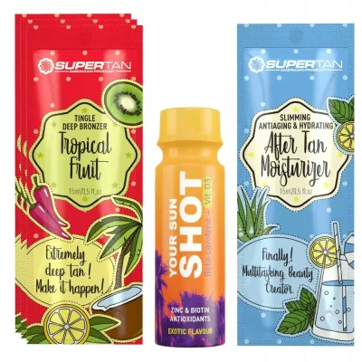 Бронзер для солярия SuperTan Tropical Fruit, с эффектом покалывания, 3 саше по 15 мл, с подарками