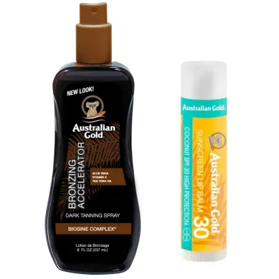 Спрей-гель-ускоритель загара Australian Gold Dark Tanning Accelerator, с бронзером, 237 мл, с бальзамом для губ SPF 30