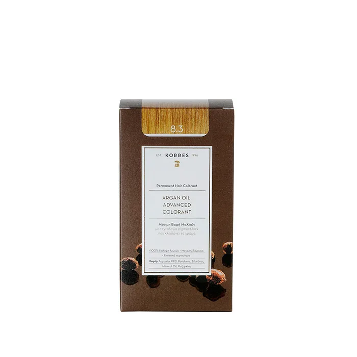 Стойкая краска для волос Korres Argan Oil Advanced Colorant, перманентная, оттенок 8.3