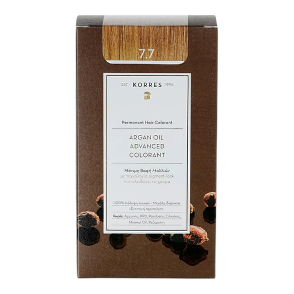 Стойкая краска для волос Korres Argan Oil Advanced Colorant, перманентная, оттенок 7.7