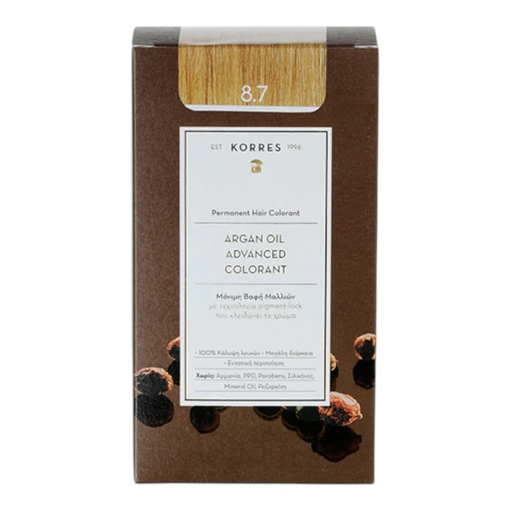 Стойкая краска для волос Korres Argan Oil Advanced Colorant, перманентная, оттенок 8.7