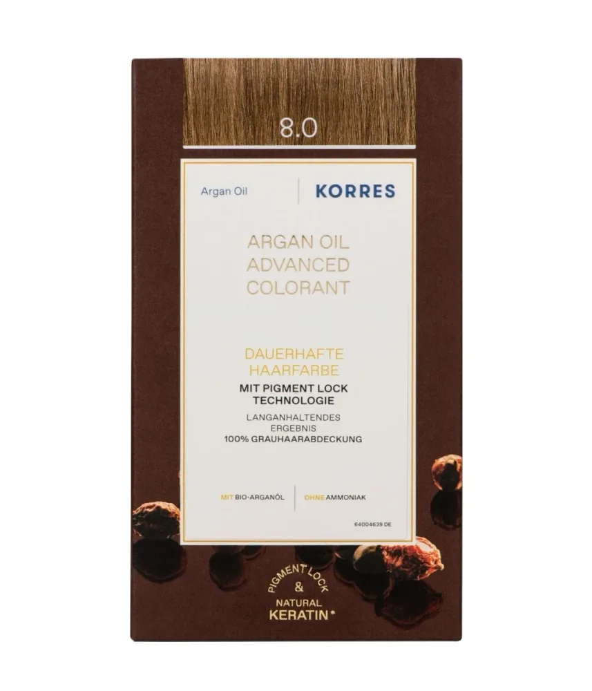 Стойкая краска для волос Korres Argan Oil Advanced Colorant, перманентная, оттенок 8.0
