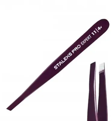 Пинцет для бровей Staleks Expert 11 Type 4, узкий скошенный, чёрный