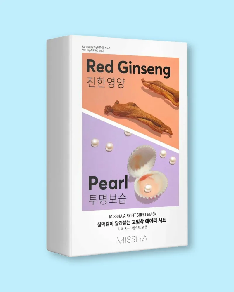 Тканевые маски для лица Missha Airy Fit Sheet Mask Red Ginseng + Pearl, для зрелой кожи, 19 г x 10 шт