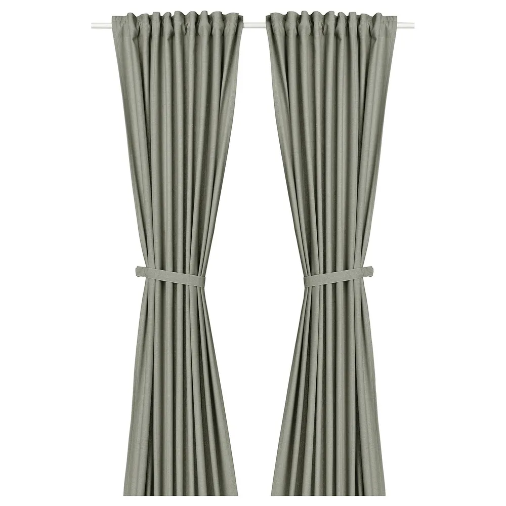 IKEA LENDA (ИКЕА ЛЕНДА) — Гардины с завязками, 2 шт., светлый серо-зелёный/на ленте 140x300 см