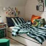 IKEA SLÅNHÖSTMAL (ИКЕА СЛОНХЁСТМАЛ) — Пододеяльник и 2 наволочки, светло-голубой/тёмно-зелёный/полоска 200х200/50х60 см — фото 3