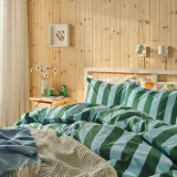IKEA SLÅNHÖSTMAL (ИКЕА СЛОНХЁСТМАЛ) — Пододеяльник и 2 наволочки, светло-голубой/тёмно-зелёный/полоска 200х200/50х60 см — фото 4