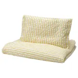 IKEA LEN (ИКЕА ЛЕН) — Пододеяльник и наволочка для кроватки, белый/жёлтый, полоска «кора» 110x125/35x55 см — фото 1
