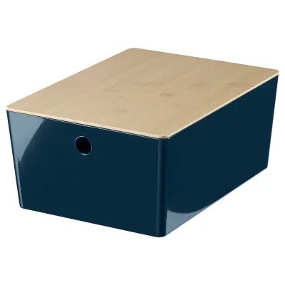 IKEA KUGGIS (ИКЕА КУГГИС) — Контейнер с крышкой, чёрно-синий/бамбук 26x35x15 см