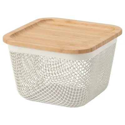 IKEA 365+ (ИКЕА 365+) — Корзина для еды с крышкой, квадратная металл/белый бамбук 15x15x11 см