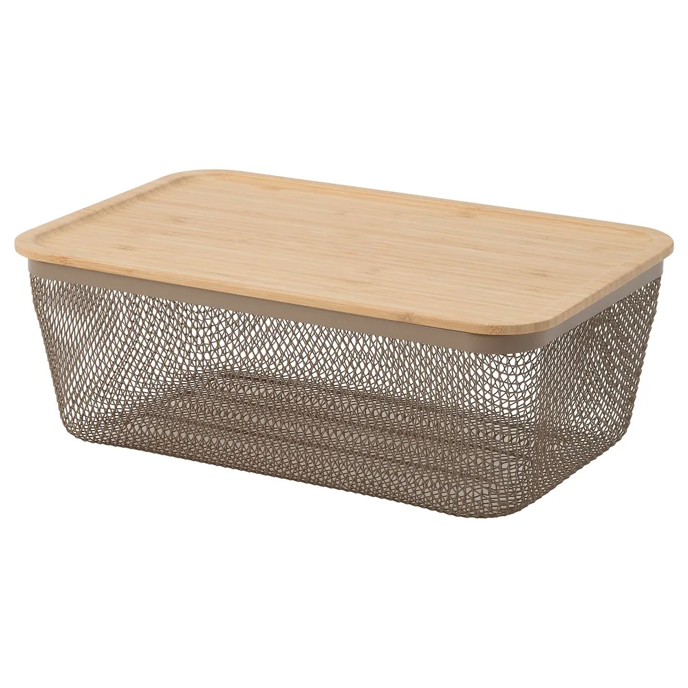 IKEA 365+ (ИКЕА 365+) — Корзина для продуктов с крышкой, прямоугольная металл/светлый серо-коричневый бамбук 32х21х13 см