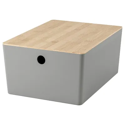 IKEA KUGGIS (ИКЕА КУГГИС) — Контейнер с крышкой, светло-серый/бамбук 26x35x15 см