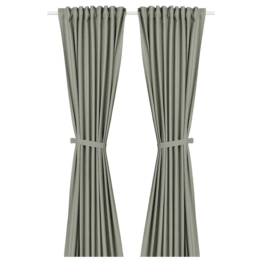 IKEA LENDA (ИКЕА ЛЕНДА) — Штора с креплением, 2 шт, на ленте/светло-серо-зеленый, 140x300 см