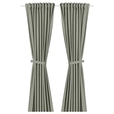 IKEA LENDA (ИКЕА ЛЕНДА) — Штора с креплением, 2 шт, на ленте/светло-серо-зеленый, 140x300 см