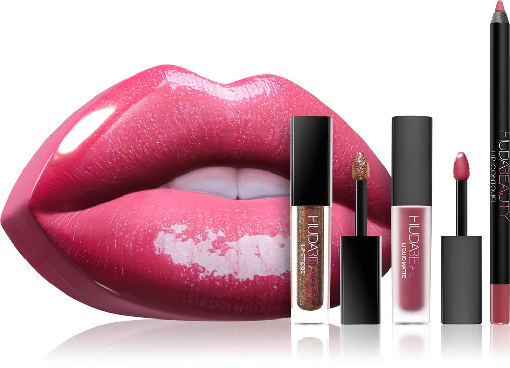 Huda Beauty Contour & Strobe Lip Set - Подарочный набор оттенков Trophy Wife & Shameless, 3 шт, оттенок Trophy Wife & Shameless