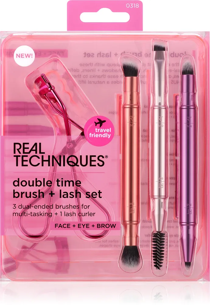 Дорожный набор для макияжа глаз Real Techniques Double Time с зажимом для ресниц, 4 шт