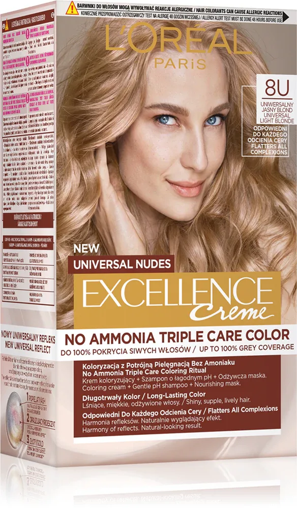 L’Oreal Paris Excellence Universal Nudes - стойкая краска для волос, 1 шт, оттенок LT BLONDE 8U