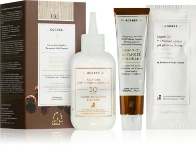 Стойкая краска для волос Korres Argan Oil с аргановым маслом, для домашнего окрашивания, 50 мл, оттенок 10.1 Platinum Ash Blonde