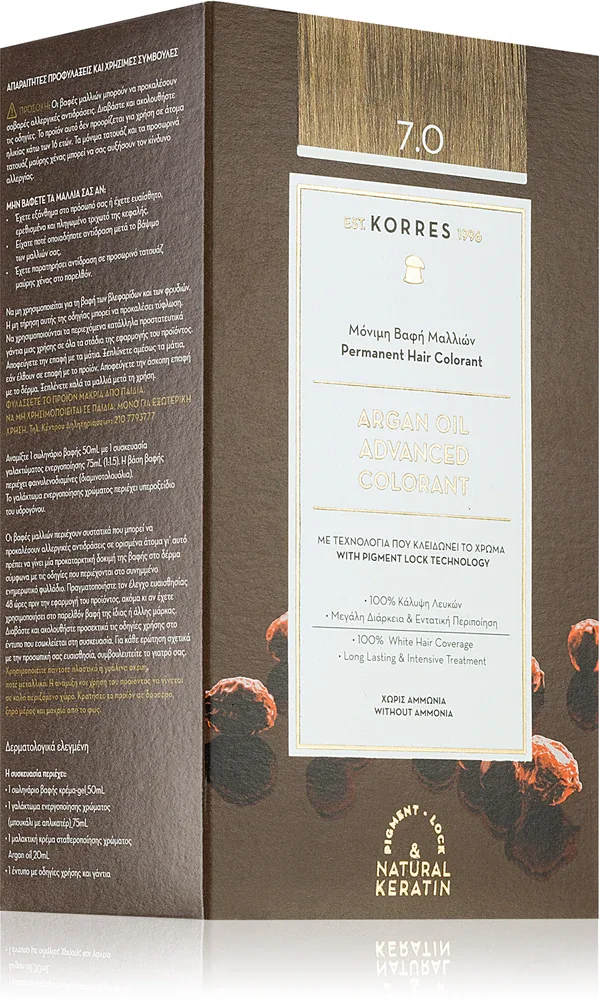 Стойкая краска для волос Korres Argan Oil с аргановым маслом, для домашнего окрашивания, 50 мл, оттенок 7.0 Blonde