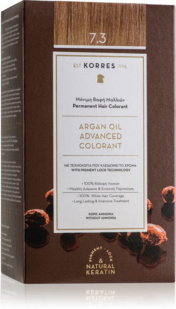 Стойкая краска для волос Korres Argan Oil с аргановым маслом, для домашнего окрашивания, 50 мл, оттенок 7.3 Golden / Honey Blonde