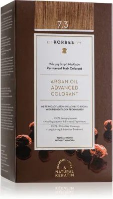 Стойкая краска для волос Korres Argan Oil с аргановым маслом, для домашнего окрашивания, 50 мл, оттенок 7.3 Golden / Honey Blonde