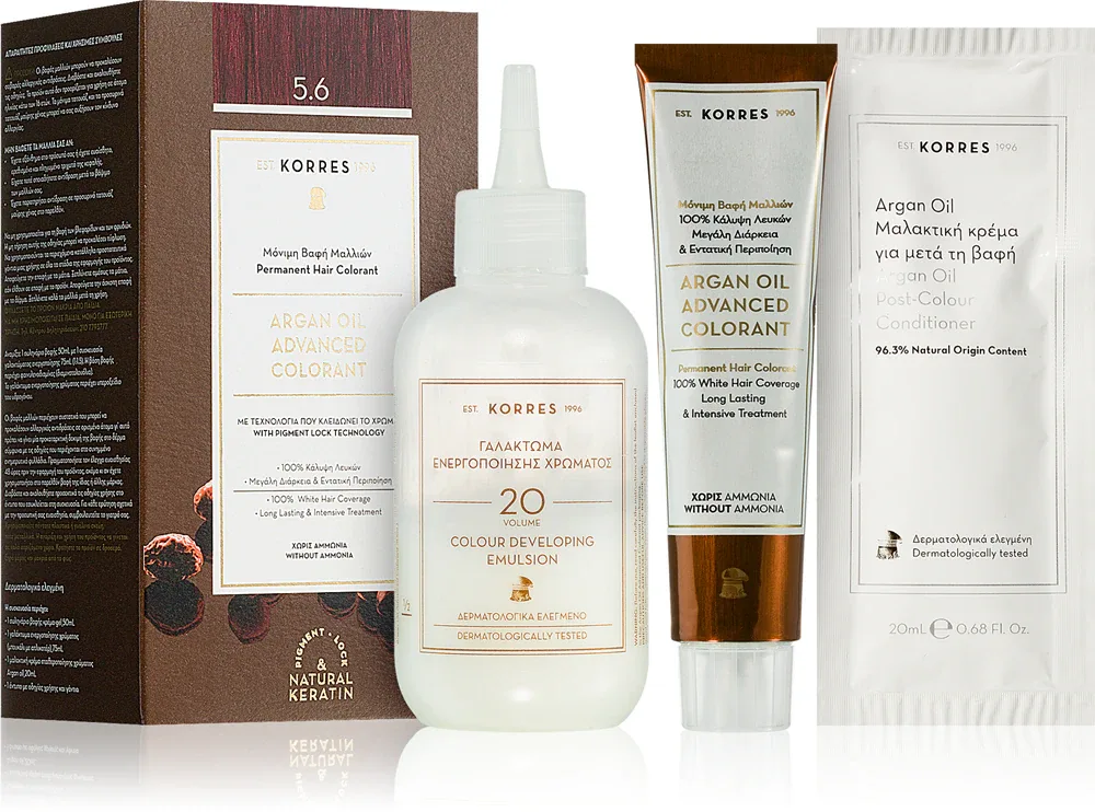 Стойкая краска для волос Korres Argan Oil с аргановым маслом, для домашнего окрашивания, 50 мл, оттенок 5.6 Red Light Brown